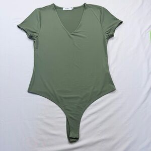 Olive Green V-Neck Short Sleeve Bodysuit